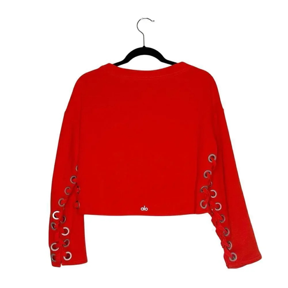 Alo Suspension Pullover Lace Up Crop Sweater Women's Red Size Large